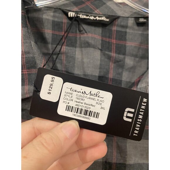 TravisMathew Shirt Mens 2XL Heather Black Red Cloud Flannel Plaid Long Sleeve - Picture 4 of 5